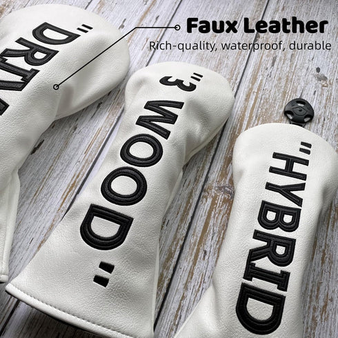Golf Club Headcover - Premium PU Leather Driver Fairway Wood Hybrid Headcover, White with Black Golf Accessory