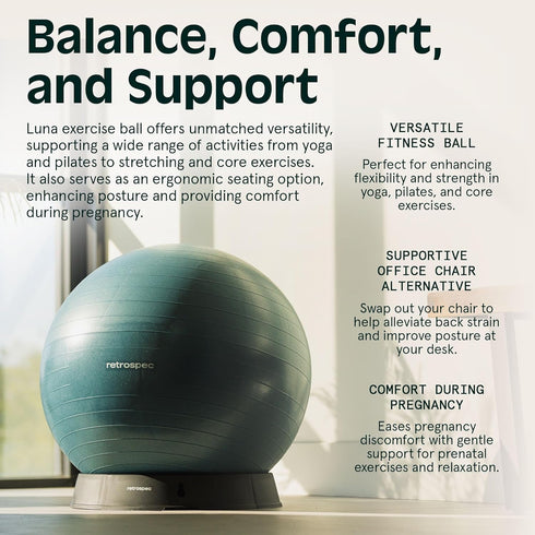 Retrospec Luna Exercise Ball with Pump - Anti-Burst Fitness Equipment for Yoga, Core Training & Stability - Home Gym