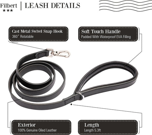 Genuine Oiled Leather Dog Leash, 5 ft for Medium & Small Dogs, Leather Leashes for Large Breeds, Black + 4 Colors