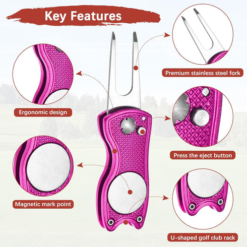 TIXIPEM Golf Divot Repair Tool- Switch Foldable Divot Tool Rack with Magnetic Ball Marker & Open Button Use for Golf