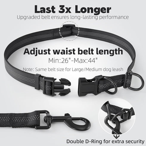 Mile High Life Retractable Hands Free Dog Leash, 7FT, Waist Running Adjustable, Reflective Dual Black Bungees, for