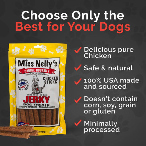 16 oz. Miss Nelly's - Chicken Jerky Dog Treats - Soft Sticks - USA Made and Sourced - Original Smoke House Recipe