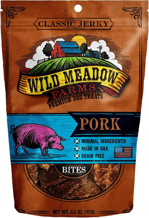 Wild Meadow Farms - Classic Pork Bites, Soft Jerky Treats for Dogs, Grain-Free & All-Natural, Ideal for Training, Portioning, and High-Value Rewards for All Breeds & Ages - 3.5 Ounce Pouch