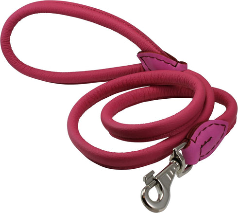 Dogs My Love Round Genuine Rolled Leather Dog Leash, 4ft Long, Pink (Large: 1/2" (12mm))