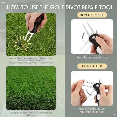 Skylety 4 Pcs Golf Divot Repair Tool - Metal Foldable Switchblade with Magnetic Pop-up Button Ball Marker