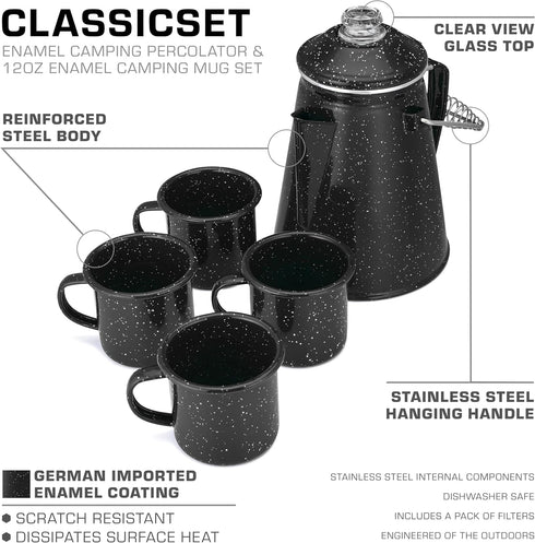 Set 12 Set 4 COLETTI Classic Enamel Coffee Percolator & Mugs The Most Nostalgic Camping Coffee Pot, Now Modernized