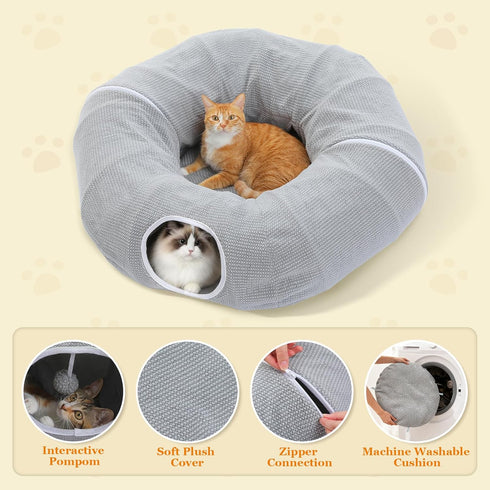 PEQULTI Cat Donut Tunnel with Bed for Indoor Cats, Cat Play Tunnel with Washable Soft Plush Mat, Round Tube Toys Cute
