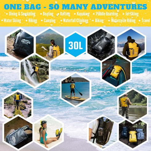 TACTIKO 30L Heavy-Duty 100% Waterproof Backpack - Marine Roll Top Floating Dry Bags for Hiking, Jet Black
