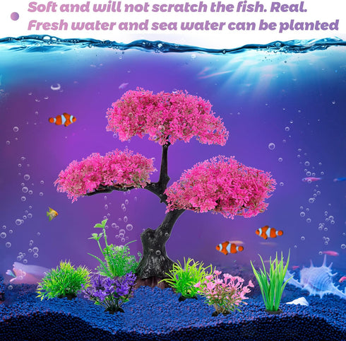 Ameliade Pink Cherry Blossom Tree & Grass Aquarium Decor Set, Artificial Plastic Plants for Goldfish Betta Fish Tank