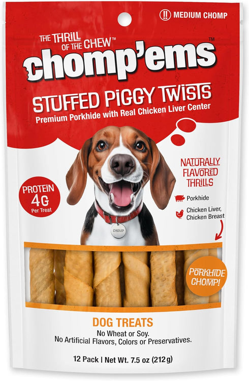 Chomp'ems All Natural Smoked Pork Stuffies Dog Treats with Real Liver, 12