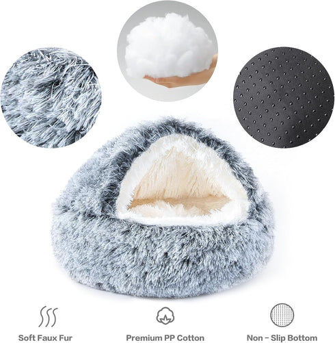 NOYAL Round Hooded Plush Dog Bed, Anti-Anxiety Fluffy Donut Bed for Small and Medium Dogs and Cats