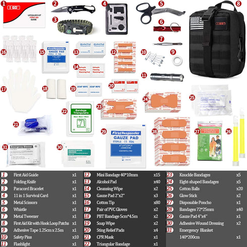 I GO Survival First Aid Kit, 251 Pieces Compact Tactical Trauma Bag for Outdoor Camping, Hiking, Travel