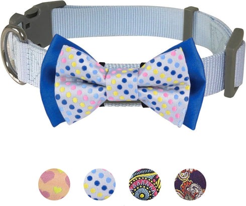 Blueberry Pet Polka Dots Handmade Detachable Bow Tie Adjustable Dog Collar in Pastel Blue, Small, Neck 12"-16"