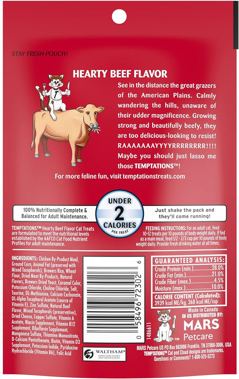 3 oz. (Pack 12) Temptations Classic Soft Cat Treats, Hearty Beef Flavor, Crunchy Cat Treats, Pouch