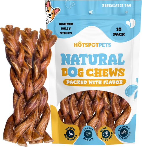 6 Inch (10 Pack) hotspot pets Braided Bully Sticks for Dogs - Stix All Natural Long Lasting Twisted Beef Pizzle Dog