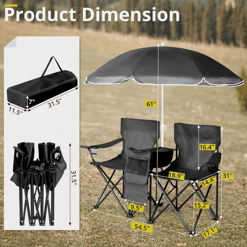 Volowoo Double Camping Chair,Double Folding Beach Chairs, Camping Chair W/Umbrella Mini Table Beverage Holder Carrying