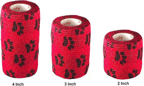 Vet Wrap Tape (Red with Paws) (2 Pack) (4 Inch x 15 feet) Self Adhesive Cohesive Flex Bandage for Pets
