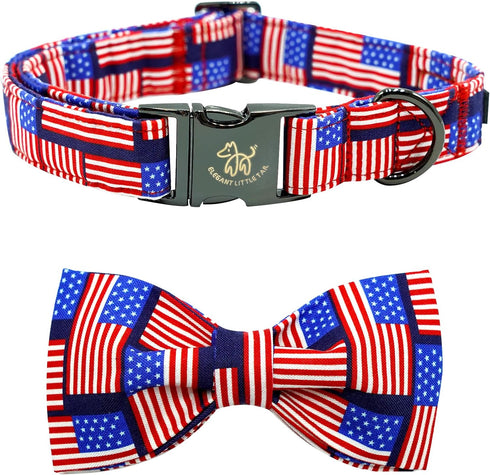 Elegant Little Tail Independence Day Dog Collar, Holiday Pet Collar with Bow, Adjustable Durable Patriotic Collar for