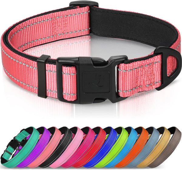 Joytale Reflective Dog Collar, Adjustable Soft Neoprene Padded Nylon for Large Dogs, Neon Pink, L