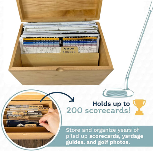 Golf Scorecard Collection Box - Organize and Display Scorecards, Photos, Keepsakes, Yardage Books with 5 Dividers