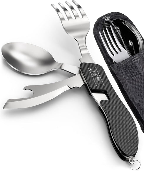 Orblue 4-in-1 Camping Eating Utensils, 2-Pack, Portable Spoon, Fork, Knife & Bottle Opener Combo Set, Black