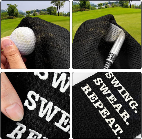 Funny Golf Towel, Swing Swear Repeat, Embroidered Golf Gifts for Men, Clip Golf Accessories
