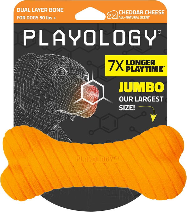 Playology Dog Toys Dual Layer Bone Chew Toy - Durable Rubber for Large Dogs - Cheddar Cheese Scented Orange Toy Bones