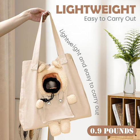 Pet Canvas Shoulder Carrying Bag, Cute Khaki Bear Shaped Cat Carrier, M Size Portable Tote for Small Dogs, Cats,