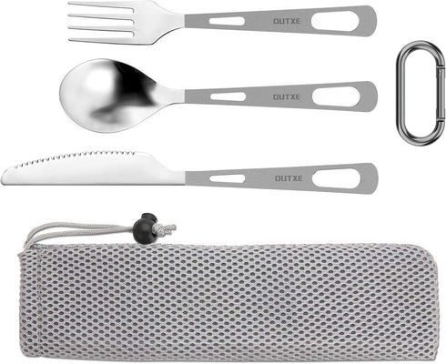 OUTXE Titanium Flatware Set - Polished Knife Fork Spoon Lightweight Camping Utility Cutlery with Bag
