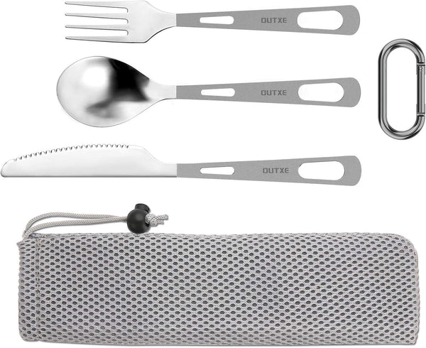 OUTXE Titanium Flatware Set - Polished Knife Fork Spoon Lightweight Camping Utility Cutlery with Bag