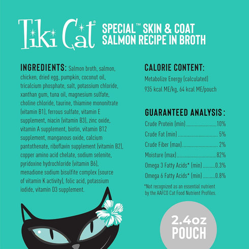 Tiki Cat Special Skin & Coat Mousse, Salmon Recipe, Functional Wet Cat Food for Adult Cats, 2.4 oz Pouch (Pack of 12)