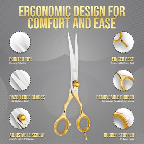 ZAVRIX 7.5 34 440C Professional Dog Grooming Scissors Curved Thinning Shears with Teeth, Pet Chunkers for Dogs & Cats