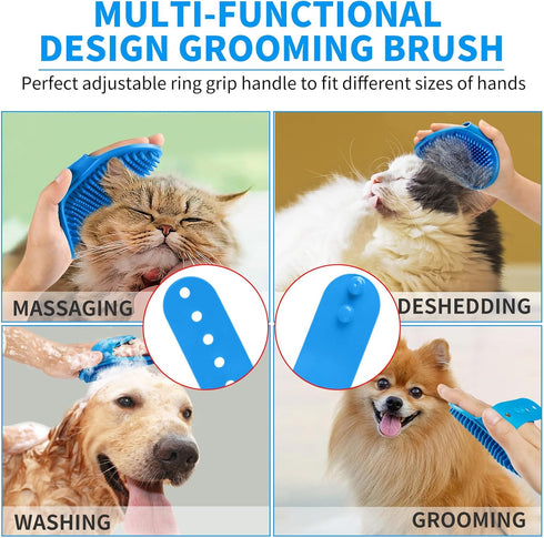 3PCS Dog Bath Brush, Shampoo Brush with Adjustable Ring Handle for Short and Long Haired Dogs and Cats (Blue)