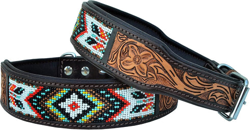 Leather Dog Collar, Western Style, Heavy Duty, Hand Tooled, Adjustable, for Puppies and Big Dogs