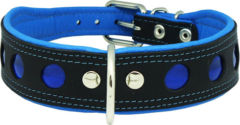 Dogs My Love Real Leather Soft Padded Reflective Dog Collar (18.25"-20.75" Neck; 1.75" Wide, Black/Blue)