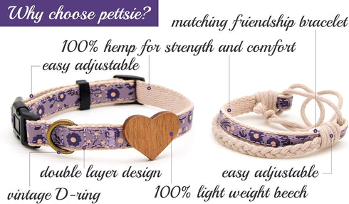 Pettsie Dog Heart Collar & Matching Friendship Bracelet - Adjustable Durable Hemp for Small & Medium Dogs