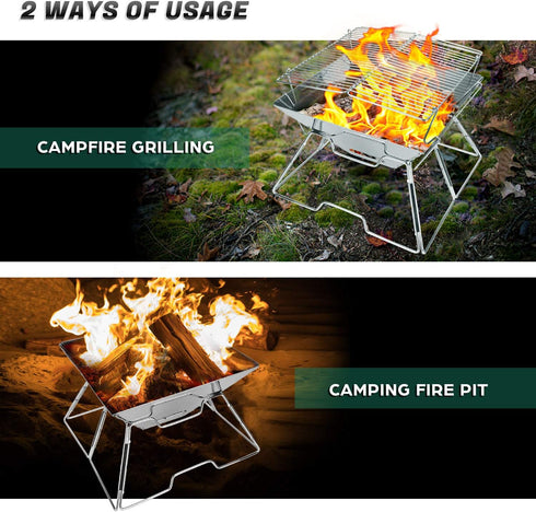 Odoland Folding Campfire Grill - 304 Stainless Steel Grate Barbeque Grill for Picnics and Outdoor Cooking