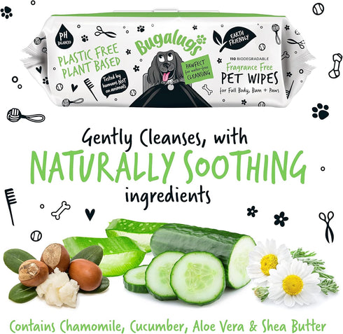 110 Biodegradable Dog Wipes, 100% Plastic Free for Full Body, Eye, Ear, Bum & Paws Grooming, Fragrance Free
