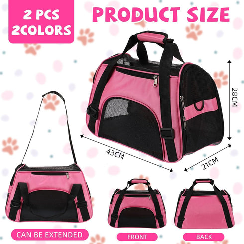 2 Pcs Soft Sided Pet Carrier, Airline Approved for Cats and Small Dogs, Portable Travel Bags (Pink, Purple)