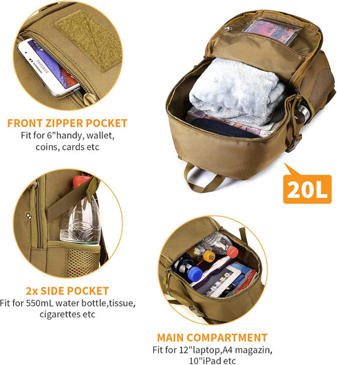 HUNTVP Mini Daypack 10L/20L Military MOLLE Backpack Tactical Assault Pack for Hunting, Camping, Trekking