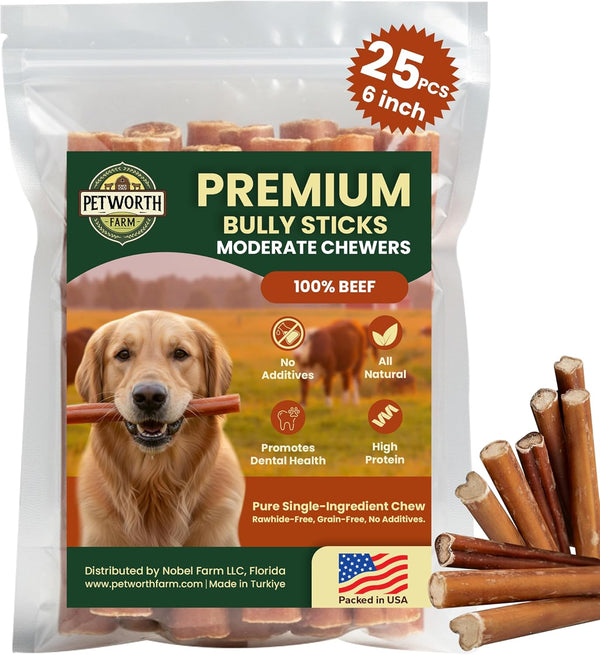 25 Pack 6 Inch Standard Bully Sticks for Medium to Large Dogs