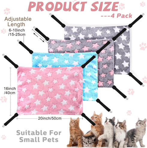 Geelin 4 Pcs Reversible Cat Hanging Hammock Soft Breathable Pet Cage Hammock with Adjustable Straps and Metal Hooks Double Sided Hanging Bed for Cats Small Dogs Rabbits(16 x 20 Inch, Large Star)