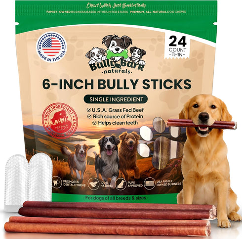 Thin 6 Bully Sticks for Dogs - 24 Count - Natural, Odor
