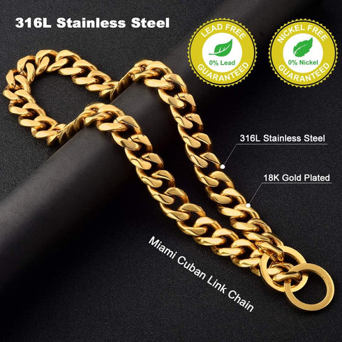 Heavy Duty Dog Chain Collar, Choke Collar, 14K Gold Plated Stainless Steel, 19MM, 22"