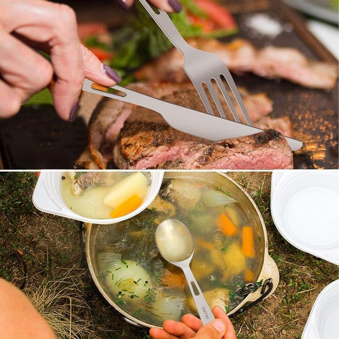 OUTXE Titanium Flatware Knife Fork Spoon Set, Lightweight Ti Camping Utility Cutlery Set with Carrying Bag for