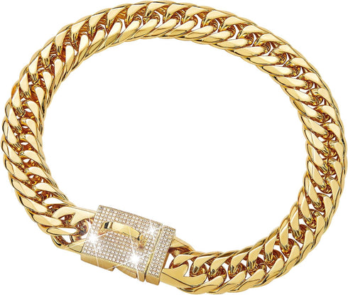 Dog Chain Collar Walking Metal Chain with Secure Buckle, Gold Cuban Link Heavy Duty for Medium Dogs (16MM, 16")