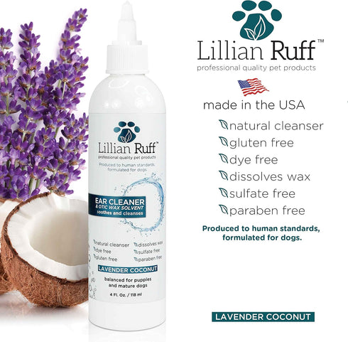 Lillian Ruff Ear Cleaner & Otic Wax Solvent for Dogs - Coconut and Lavender Scent - Dissolve Wax and Combat Ear Odors -