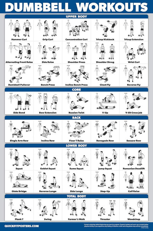 QuickFit 3 x Dumbbell Training Charts + Kettlebell Exercises + Body Weight Routine Poster