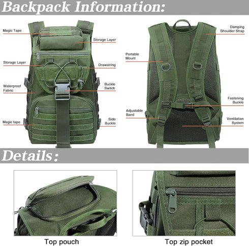 LIMHOO Military Tactical Backpack - 35L Hiking Trekking Rucksack, 3 Day Molle Assault Pack (Army Green)