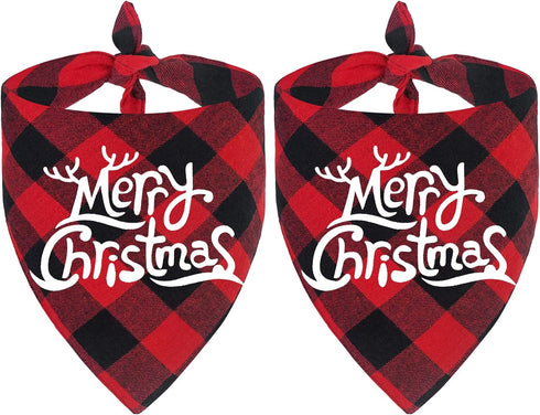 Malier Christmas Dog Bandanas 2 Pack, Classic Buffalo Plaid Triangle Bibs for Small Medium Large Dogs & Cats (Large,